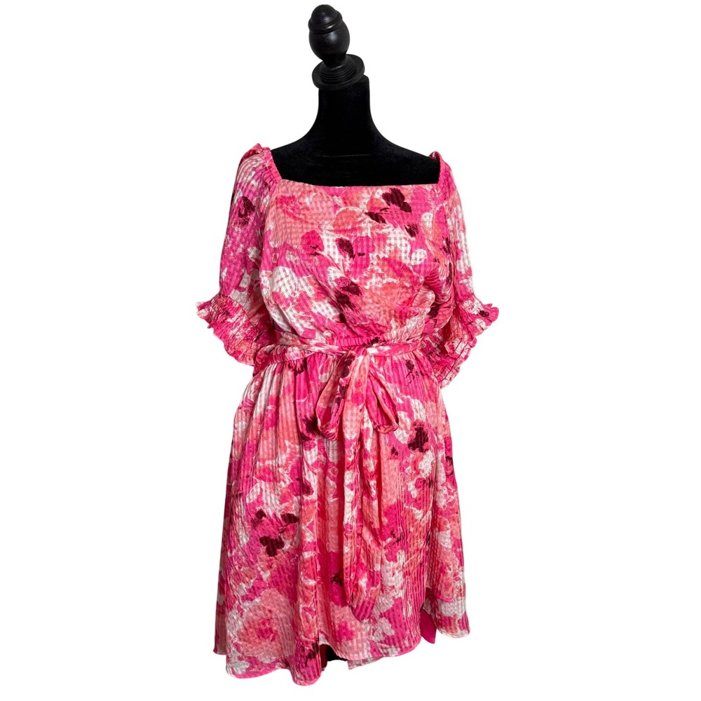 Lane Bryant Plus Size Belted Pink Floral Print Dress Size 24 Fit & Flare Smock
